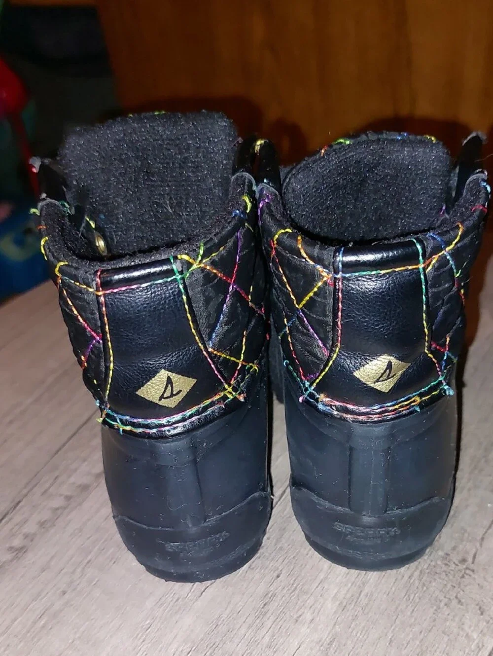 Sperry Black Kids Waterproof Duck Boots with Rainbow Stitching